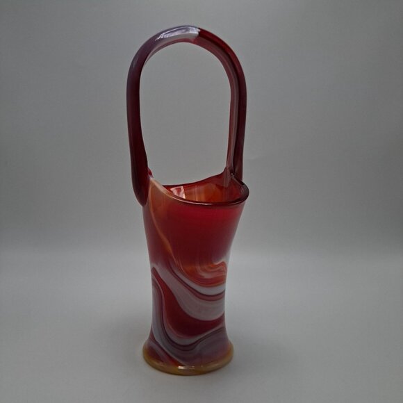 Imperial Slag Glass Basket Swirled Red & White Design Vintage Decorative Piece - Picture 2 of 16